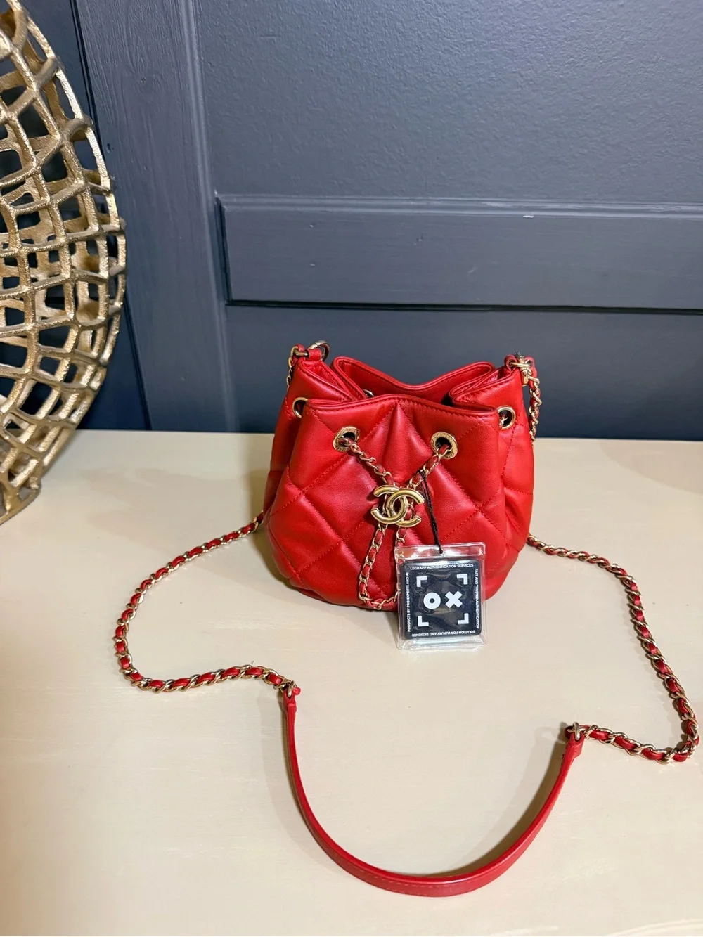 CHANEL CC Chain Drawstring Mini Bucket Bag w/Authetication Red Quilted Lambskin